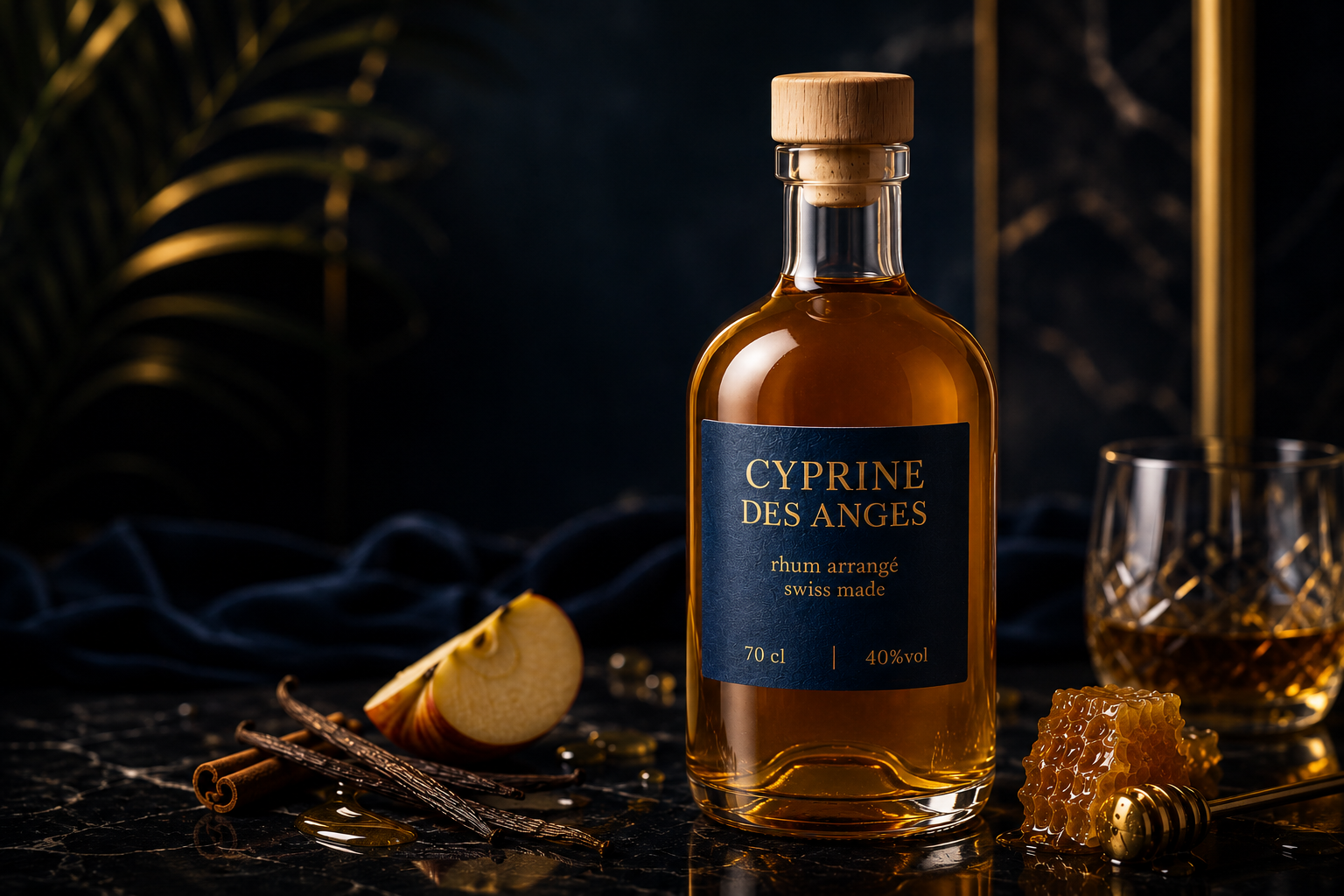 Ingrédients de Cyprine des Anges : pomme, miel, vanille et épices sur fond sombre